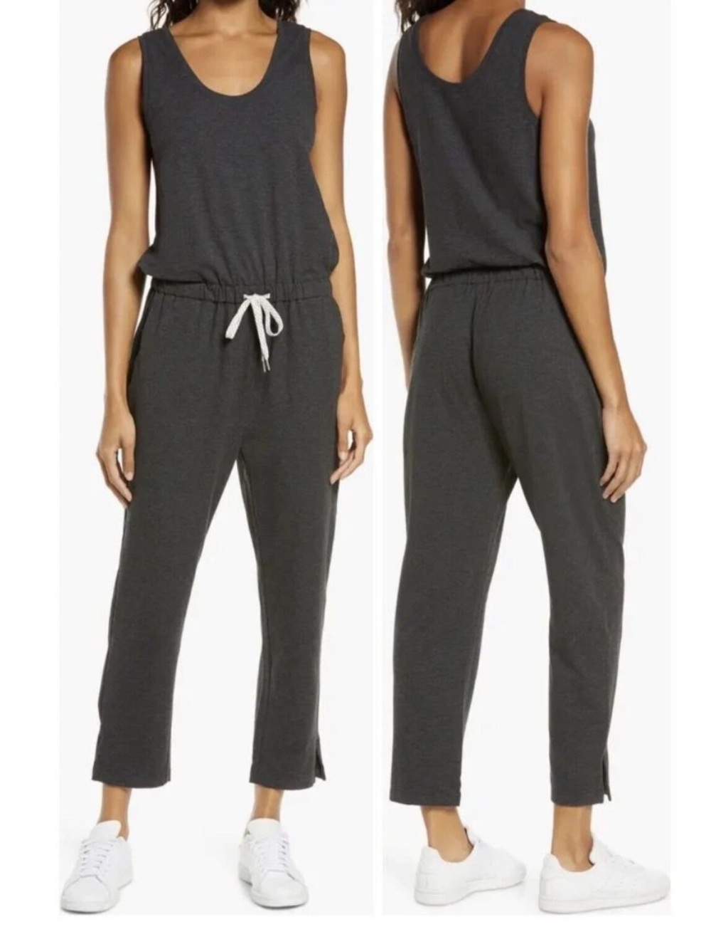 Zella Gwen Sleeveless Knit Drawstring Jumpsuit In Grey Dark Heather - Picture 2 of 9